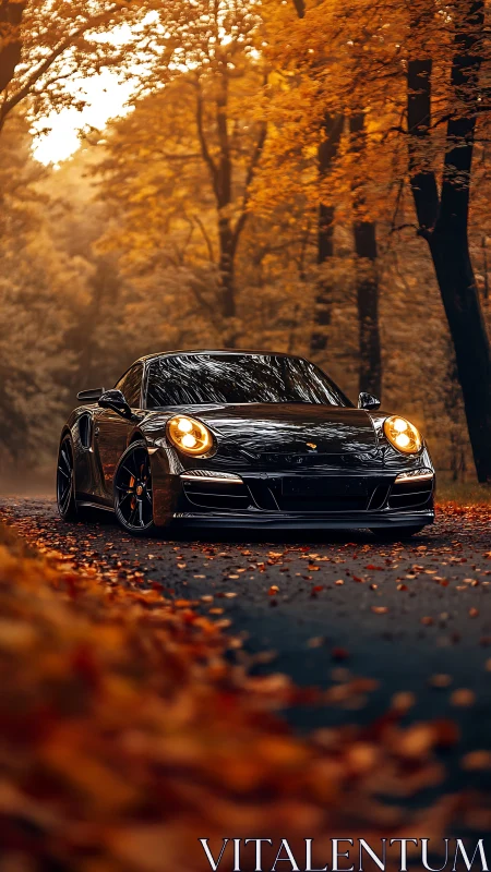 Midnight sports car prowls through ember-bright autumn woods.