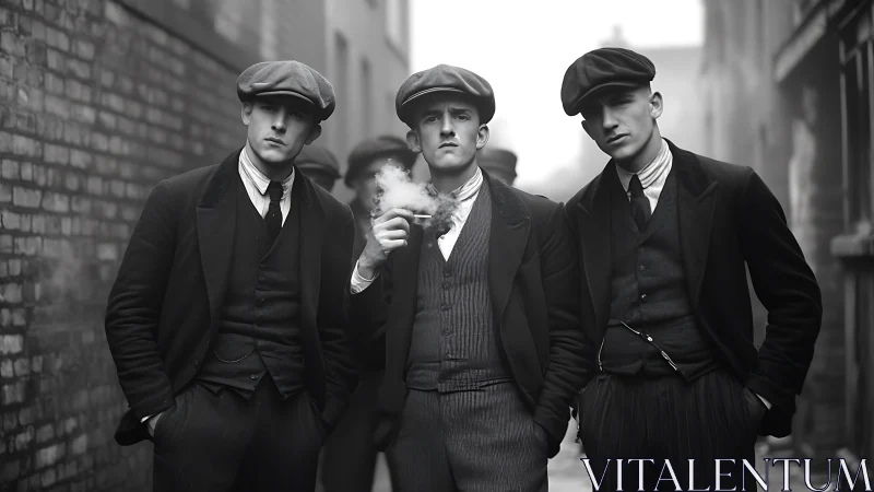 Three young men stand in vintage suits in a narrow alleyway
