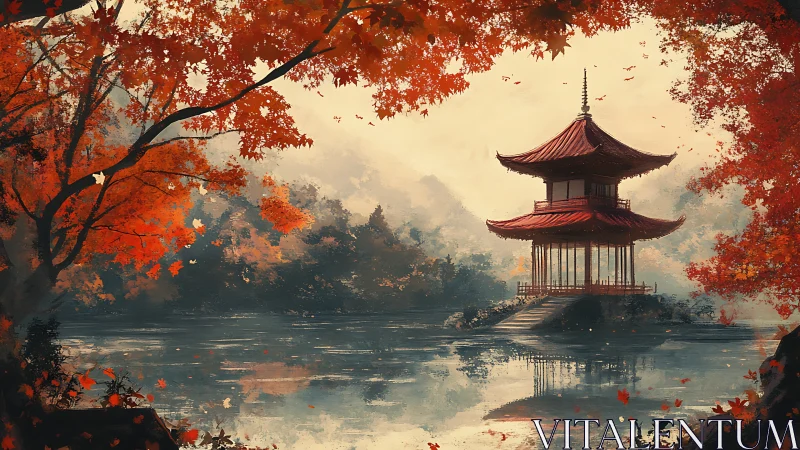 Autumn lakeside pagoda under red maple foliage at dusk.