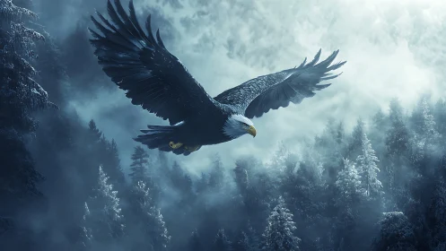 Majestic bald eagle soaring over misty winter forest, digital art.
