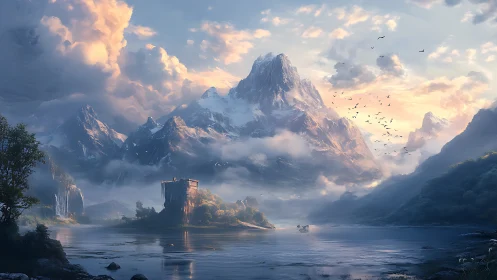 Epic alpine fortress lake under volumetric sunrise clouds