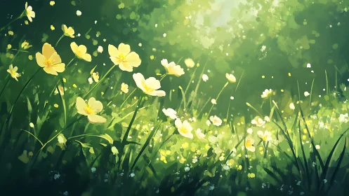 Yellow wildflowers in bright green sunlit meadow scene.