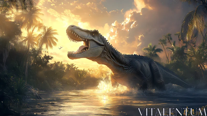 Carnivorous dinosaur storms river under blazing sunset sky.