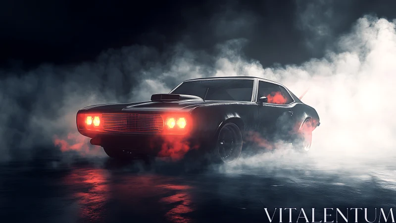 Muscle car silhouette in red fog on dark wet asphalt.