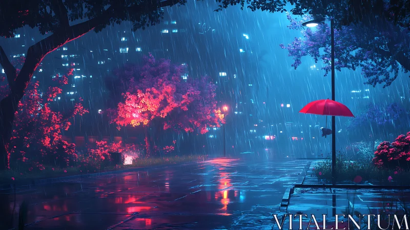 Rainy neon street glows softly under a bright red umbrella