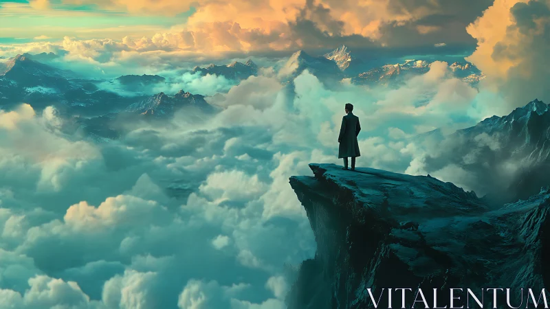 Solitary figure on high cliff above dense layered clouds.