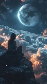 Figure on cliff edge facing large moon above cloud layer.