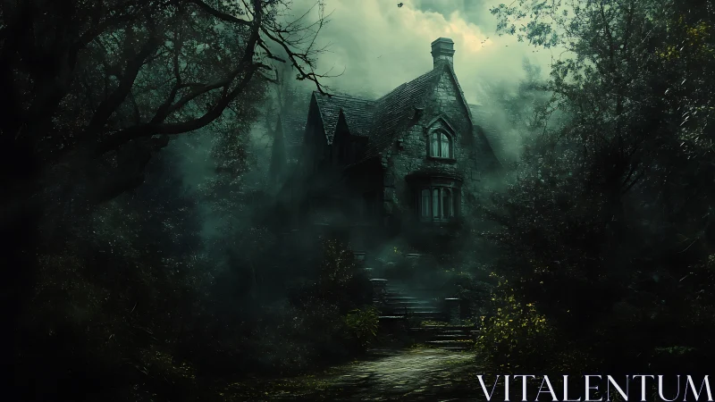 Stone house stands within dense forest under diffused light