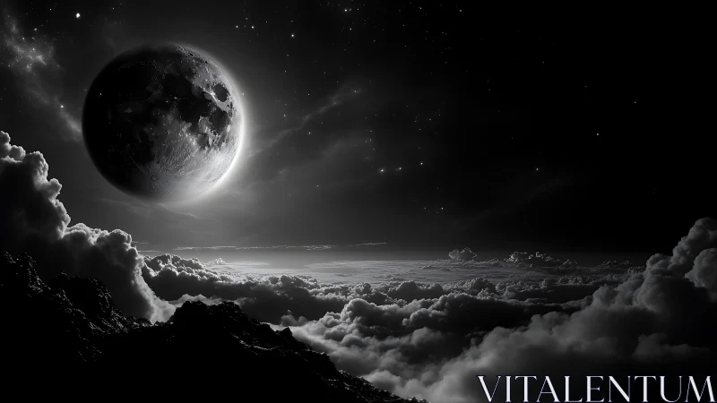 Lunar sphere hovers above cloud-covered alien landscape