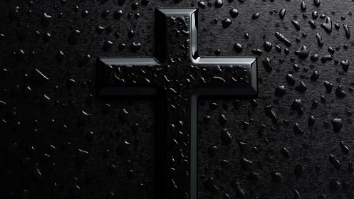 Gleaming black cross resting in gentle shimmering raindrops.