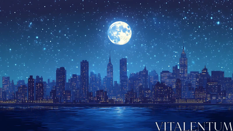 Moonlit city skyline resting under a soft starry hush.
