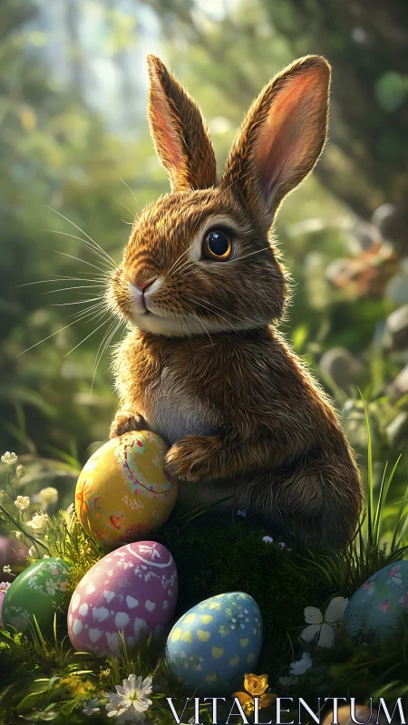 Brown rabbit with decorated eggs in sunlit forest setting.