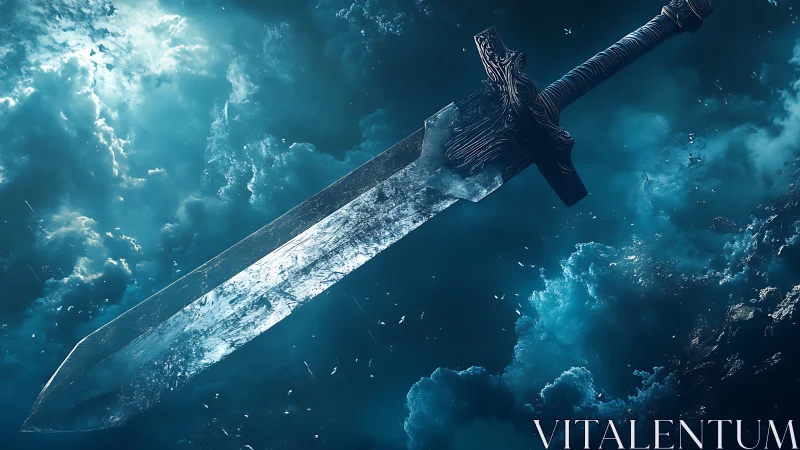 Skyborne crystal sword drifting through stormlit clouds.