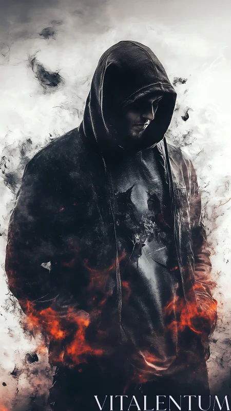 Hooded male figure dissolves into smoke and digital fire