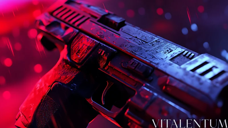 Cyberpunk sidearm close-up in neon red-blue wet lighting.