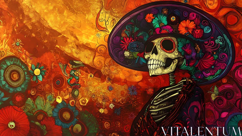 Skeleton figure in floral hat stands in vivid abstract landscape