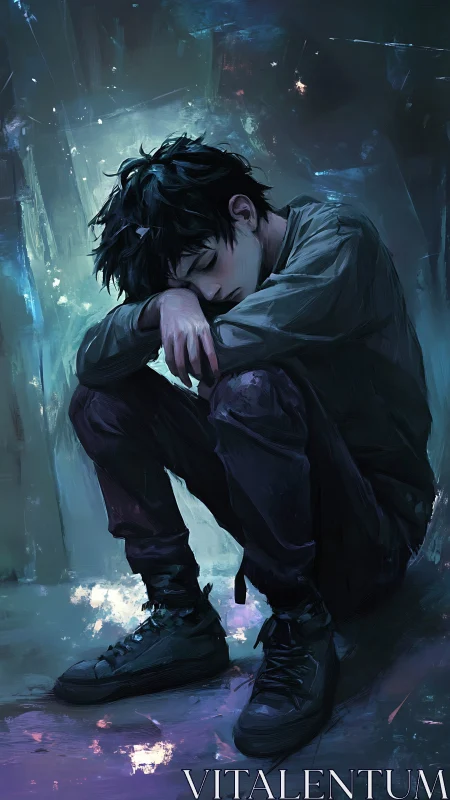 Midnight loner curls into neon shadows of painted silence.