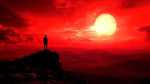 Lone dreamer watching a blazing red alien sunset sky.