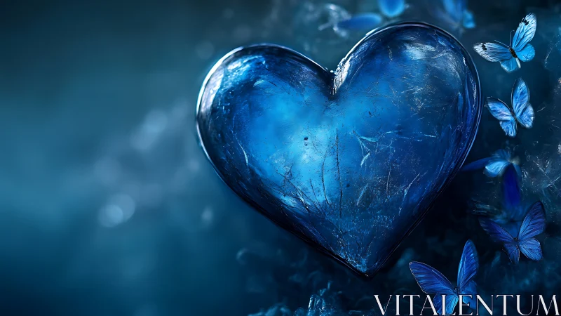 Glass blue heart surrounded by morpho butterflies against dark cyan