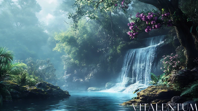 Tropical forest waterfall with mist, rocks, and flowers.