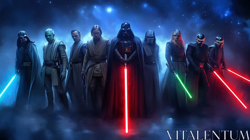 Lineup of robed sci‑fi warriors holding glowing energy swords.