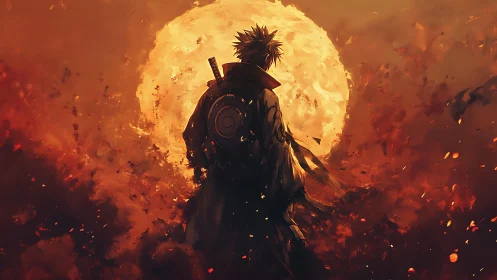 Backlit lone swordsman silhouette before blazing solar disc