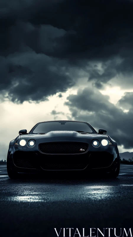 Black sports car on wet road under dark storm clouds.