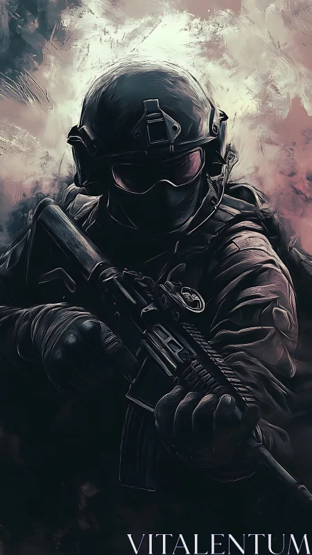 Tactical soldier portrait with rifle rendered in high-contrast digital painting