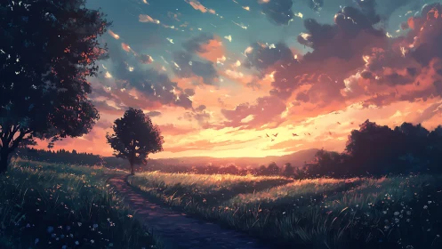 Twilight meadow path under a sky of ember brushed clouds.