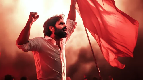 Man raises clenched fist beside red flag under dramatic light
