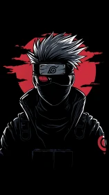 Masked ninja silhouette before red moon minimalist poster.