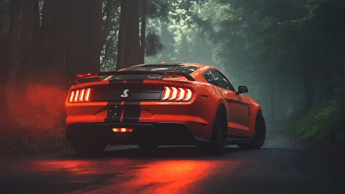 Orange sports car glows through misty forest road at dusk.
