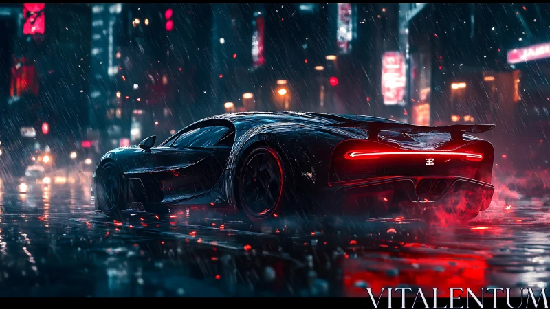 Hypercar rear profile in neon drenched cyberpunk rain street