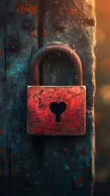 Red padlock with heart-shaped keyhole against weathered metal.