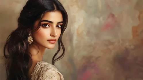 Golden gaze in silk, poised against a whispering canvas.