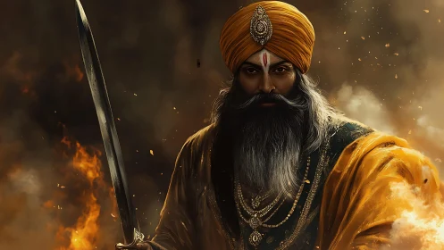 Noble warrior in golden robes stands calm within the fire