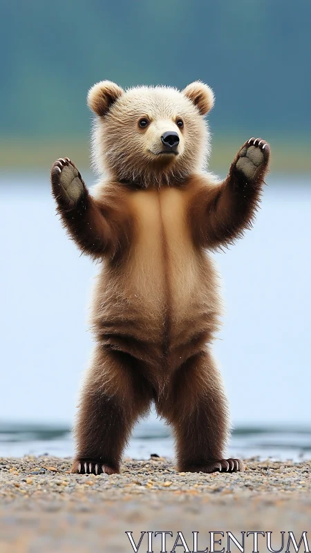 Juvenile brown bear standing upright on pebbled lakeshore