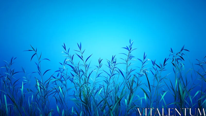 Blue gradient meadow with stylized reeds in silhouette.