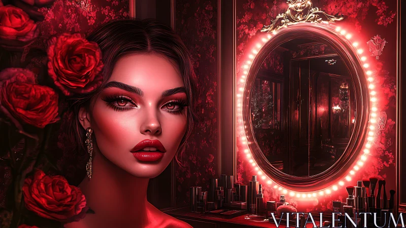 Glamorous woman in crimson vanity lit by halo mirror.