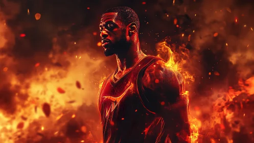 Basketball player in jersey surrounded by intense flames.