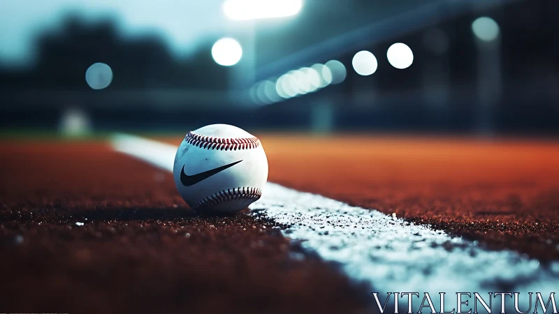 Branded baseball resting on foul line under stadium lights.