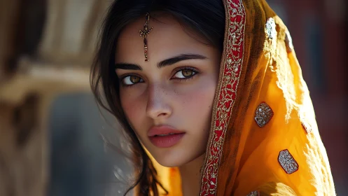 Portrait shows young woman in ornate golden embroidered veil