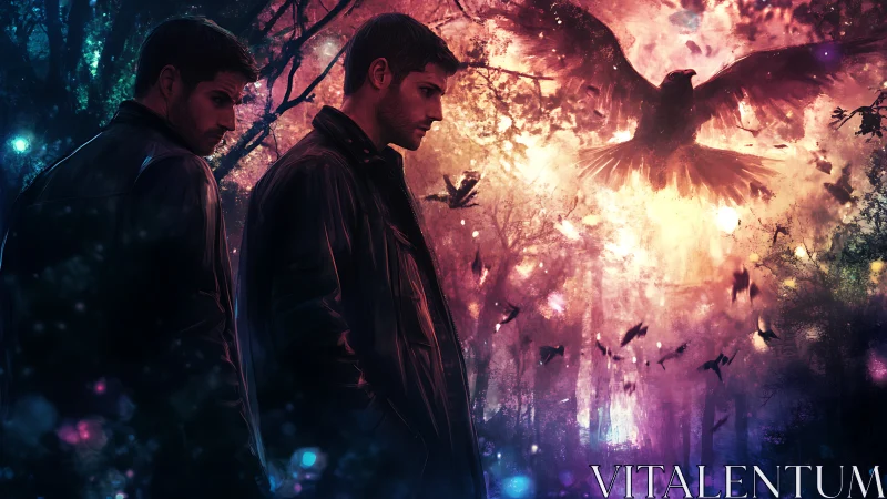 Twin figures confront burning crow storm in neon forest