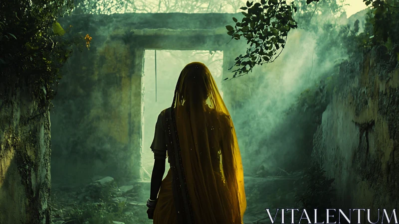 Silhouetted woman in yellow veil walks through misty ruins