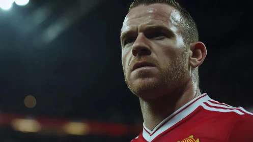 Football player in red jersey is viewed from low camera angle