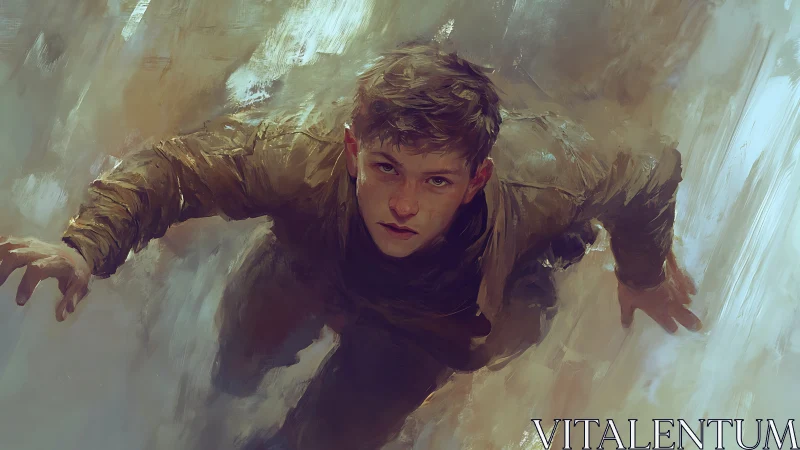 Youth figure in forward motion within abstract background.