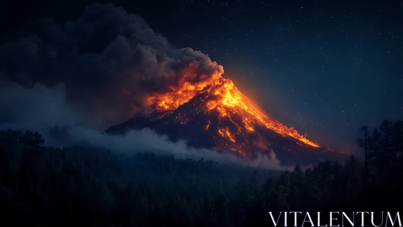 Active Volcanic Eruption with Lava Flows at Night.