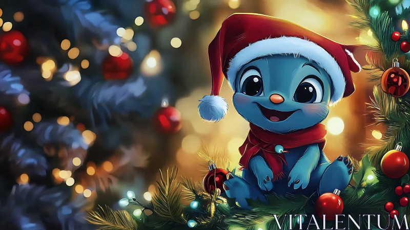 Cheerful blue holiday creature snuggled in glowing garlands.