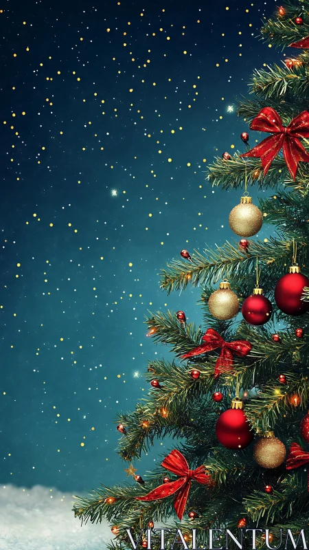 Glistening red baubles on night-sky Christmas tree scene.