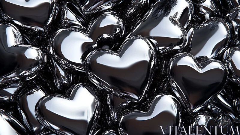 3D-Rendered Polished Black Heart Forms with Specular Highlights and Reflective Surface Properties